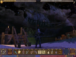 First glimpse of the ship. Note the tattered sails, translucent hull, and ghostly pirate on the right.